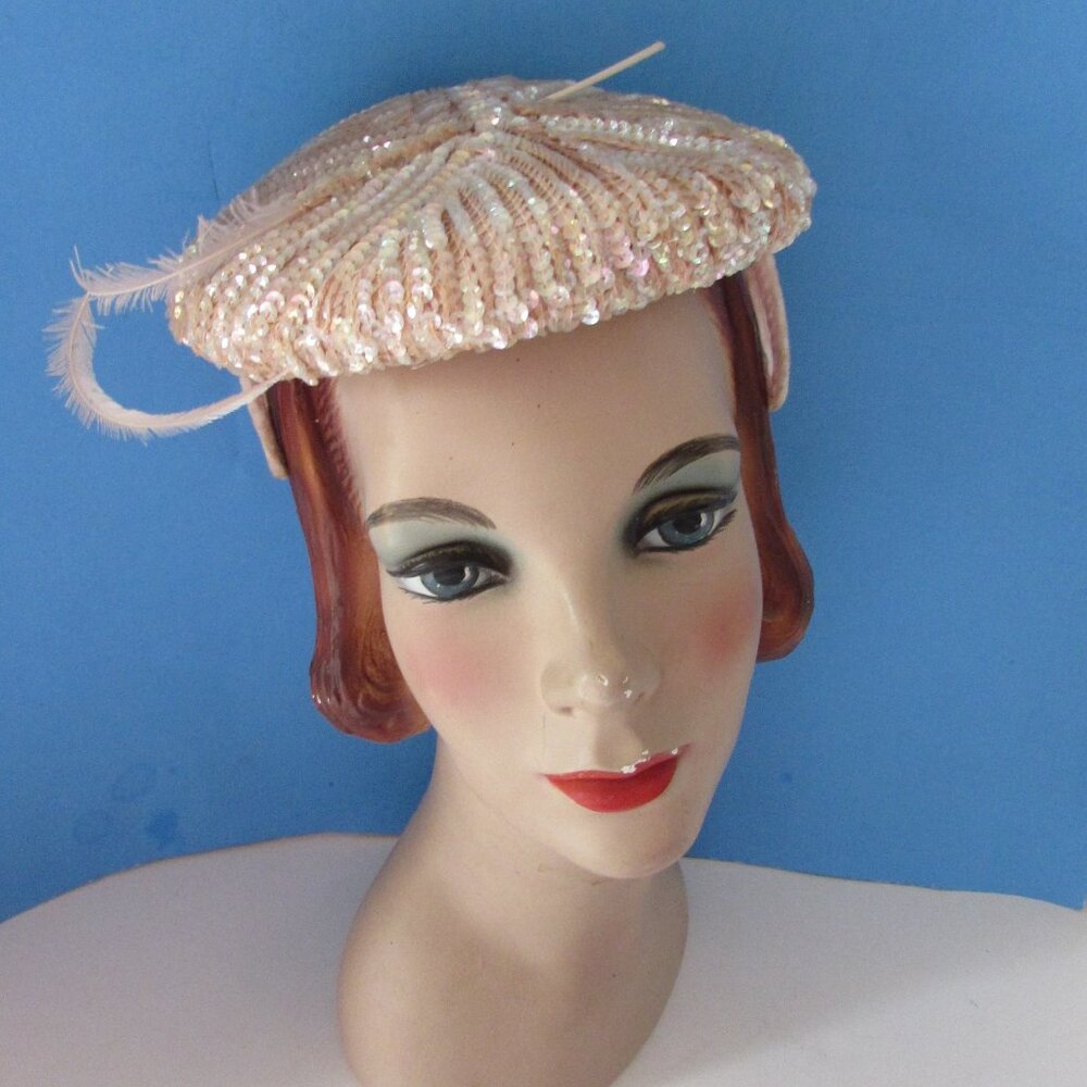 Vintage Cocktail Hat Pink Sequins 1960 Style